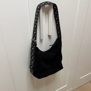 Black Suede Shoulder Bag with Studded Strap